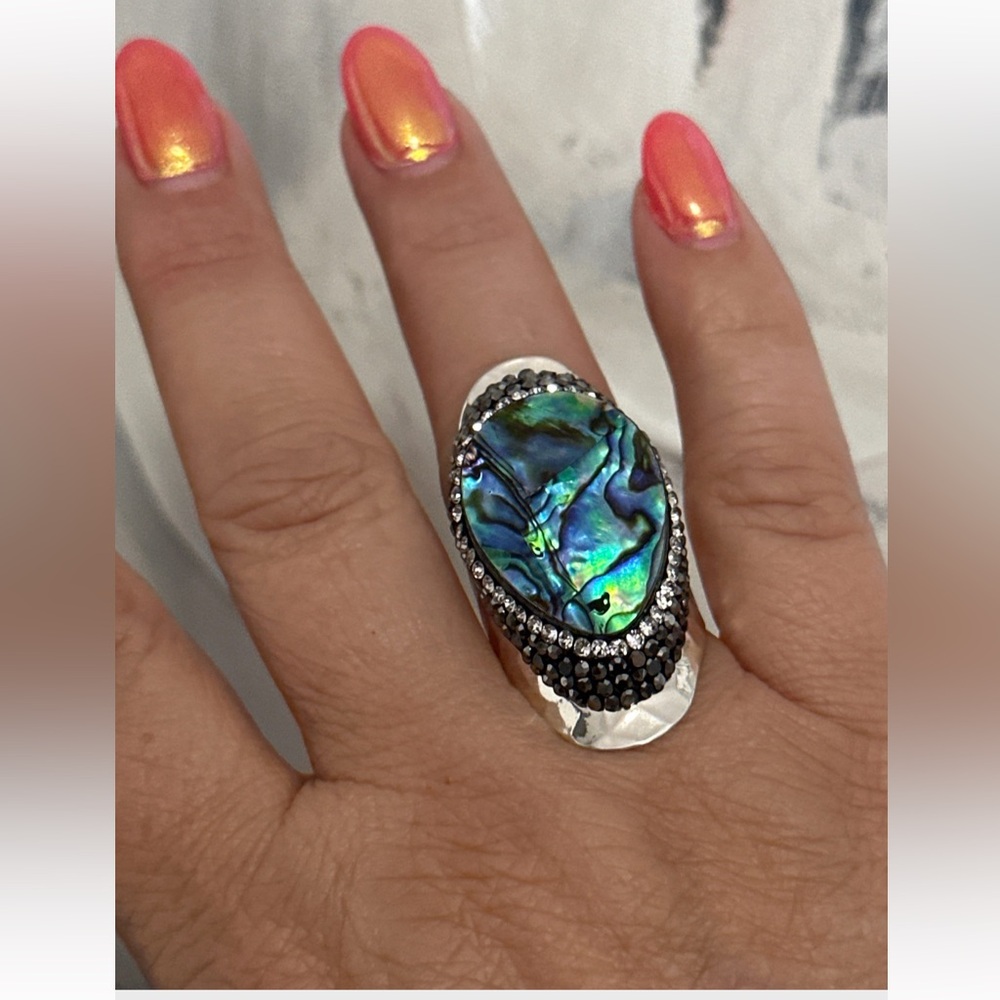 Abalone She’ll Ring.  Micro Pave accent. Adjustable silver band